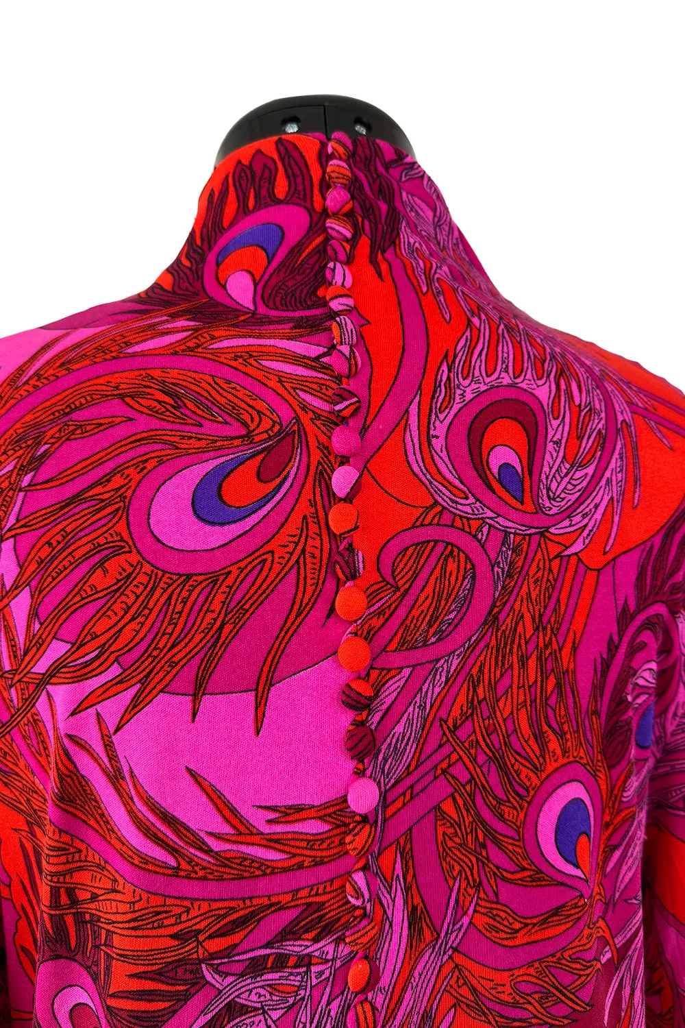1972 La Mendola 'Paridiso' Peacock Feather Print Deep Pink Silk Jersey Dress