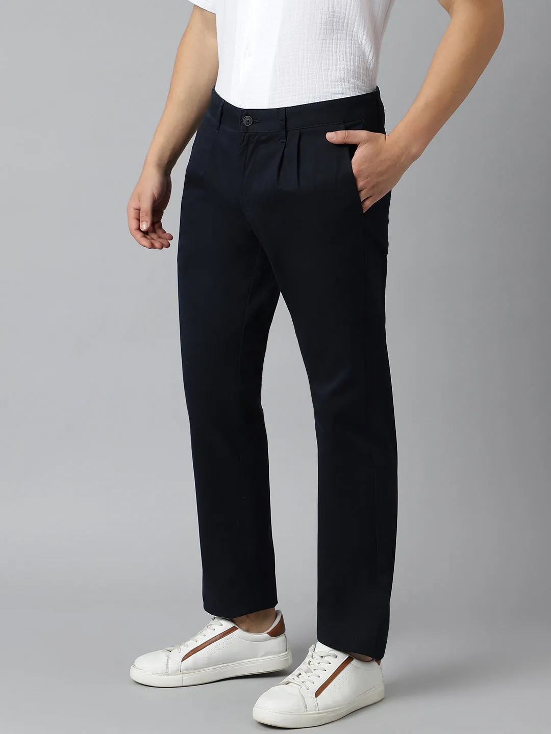 2 Way Stretch Pleated Chinos in Navy Blue- Comfort Fit