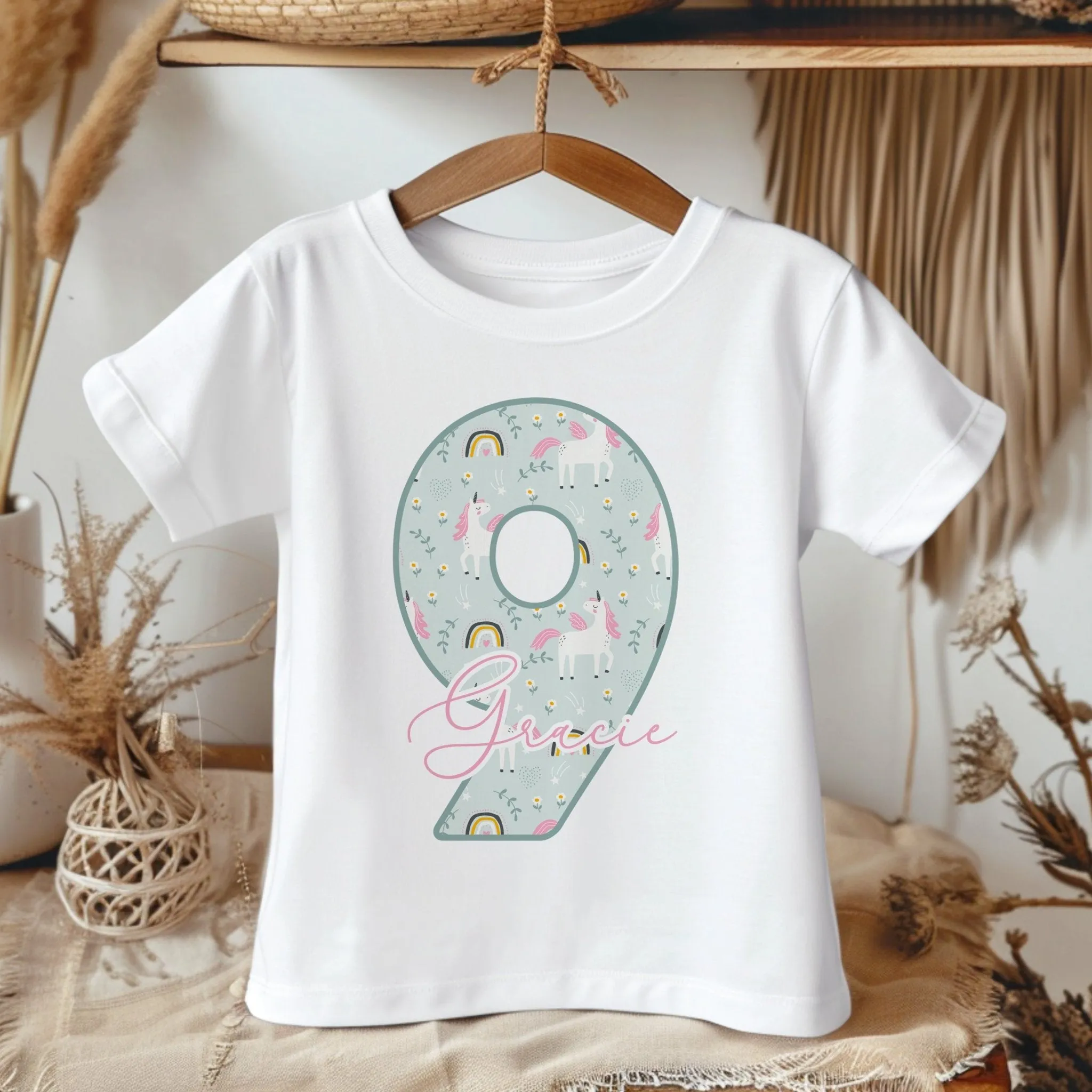 9th Birthday Unicorn Pattern Personalised Kids T Shirt