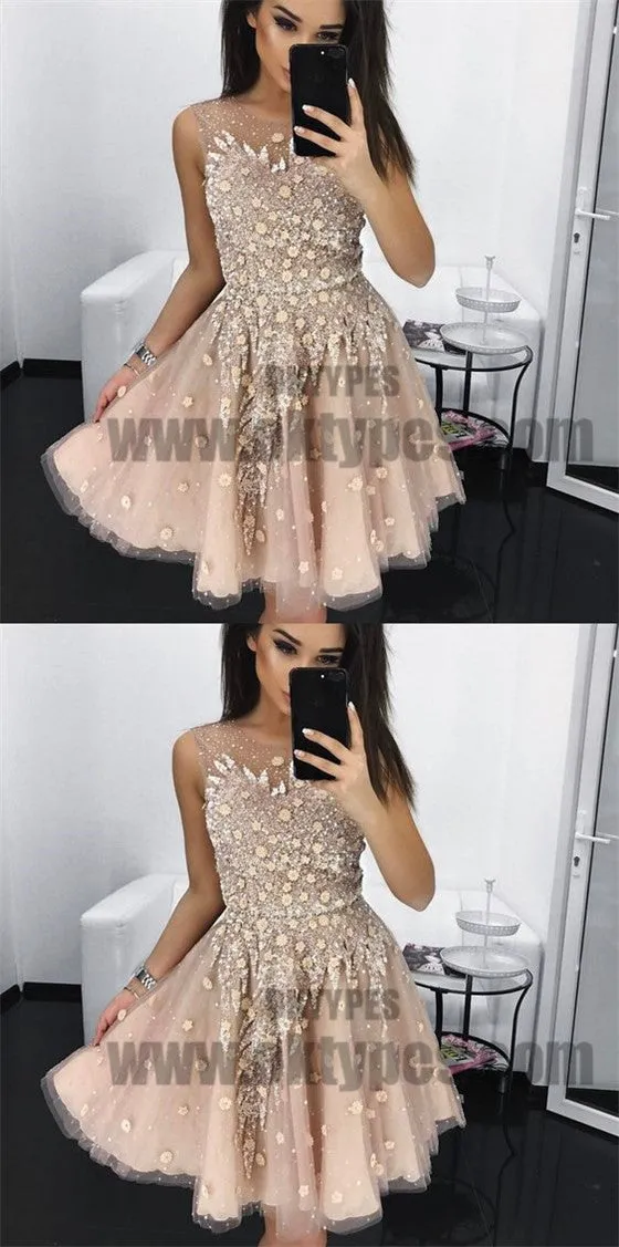 A-Line Round Neck Short Blush Homecoming Dresses with Beading, Homecoming Dresses, TYP0711