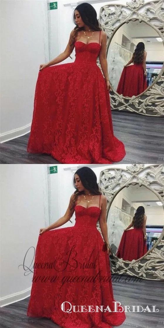 A-Line Spaghetti Straps Sweep Train Red Lace Prom Dresses Online, QB0250