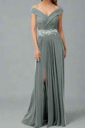 A-Line V Neck Off The Shoulder Sleeveless Mother of The Bride Dresses