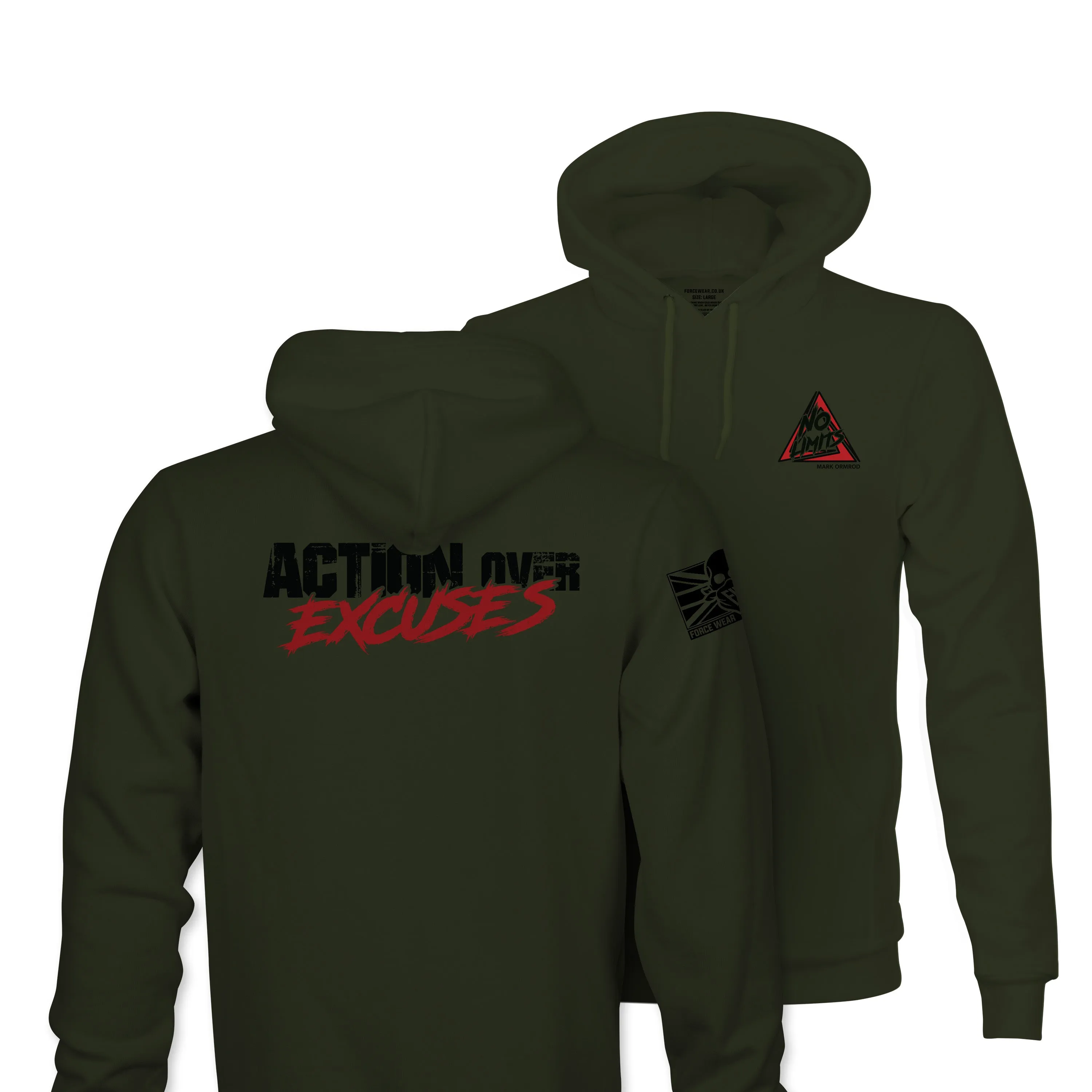 ACTION OVER EXCUSES TAG & BACK HOODIE