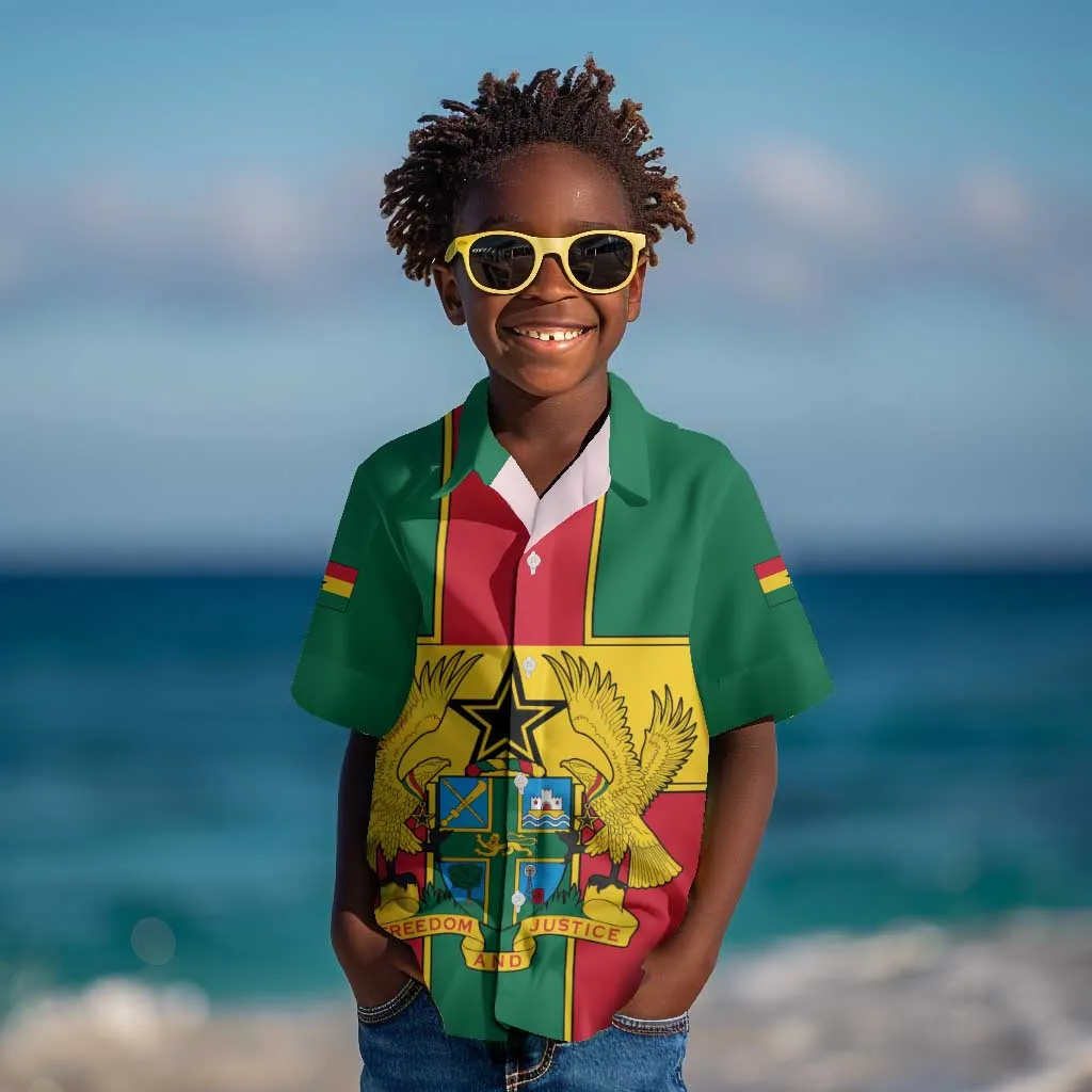 African Ghana Kid Hawaiian Shirt Flag with Coat of Arms Simple Design TS04