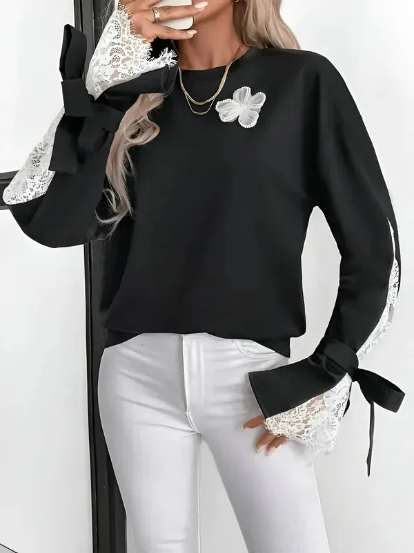 Agatha - elegant sweatshirt with color blocks and flowered edges patch for women