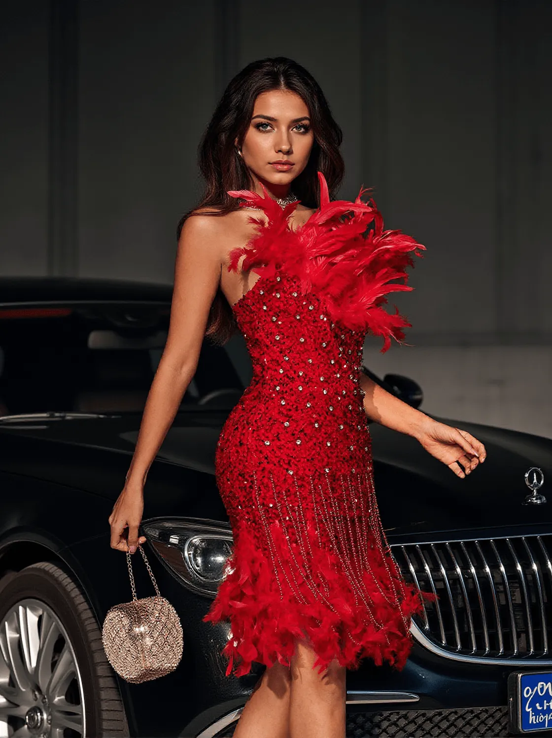 Akilah Feather Trimmed Sequin Mini Dress