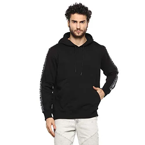 Alan Jones Clothing Men's Hooded Neck Cotton Printed Tapped Hoodie (Black, Medium)