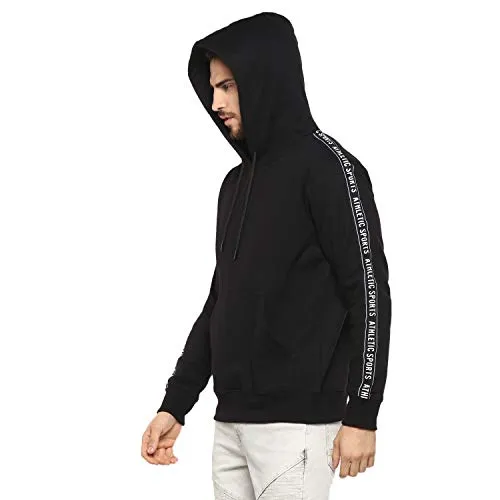 Alan Jones Clothing Men's Hooded Neck Cotton Printed Tapped Hoodie (Black, Medium)