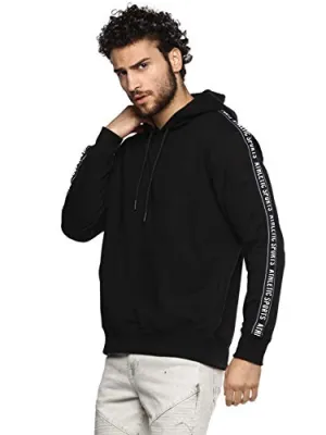 Alan Jones Clothing Men's Hooded Neck Cotton Printed Tapped Hoodie (Black, Medium)