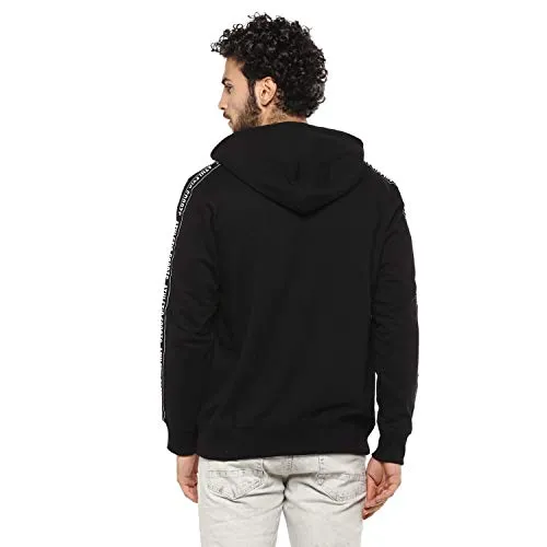 Alan Jones Clothing Men's Hooded Neck Cotton Printed Tapped Hoodie (Black, Medium)