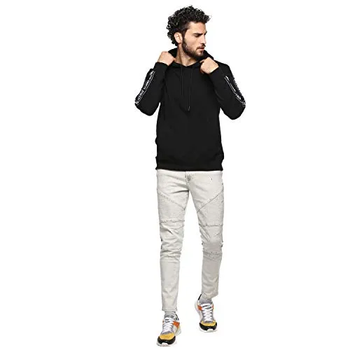 Alan Jones Clothing Men's Hooded Neck Cotton Printed Tapped Hoodie (Black, Medium)