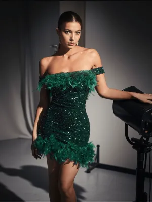 Amaris Off Shoulder Sequin Feather Mini Dress In Green