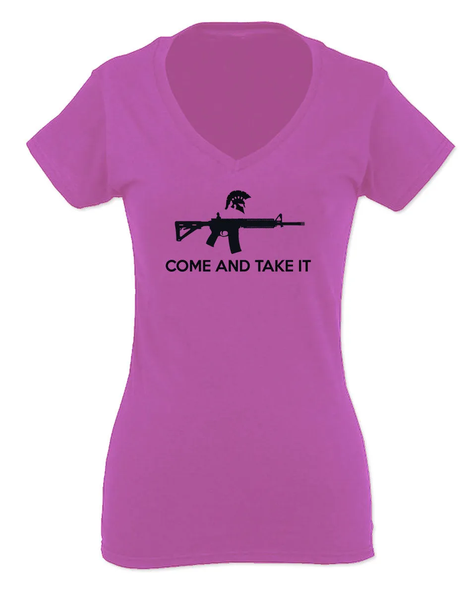 AR 15 Come and Take It Greek Molon Labe Spartan Guns For Women V neck fitted T Shirt