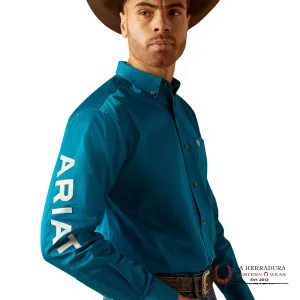 ARIAT MENS CLASIC TEAM LOGO DARK TEAL WHITE LONG SLEEVE SHIRT - 2825