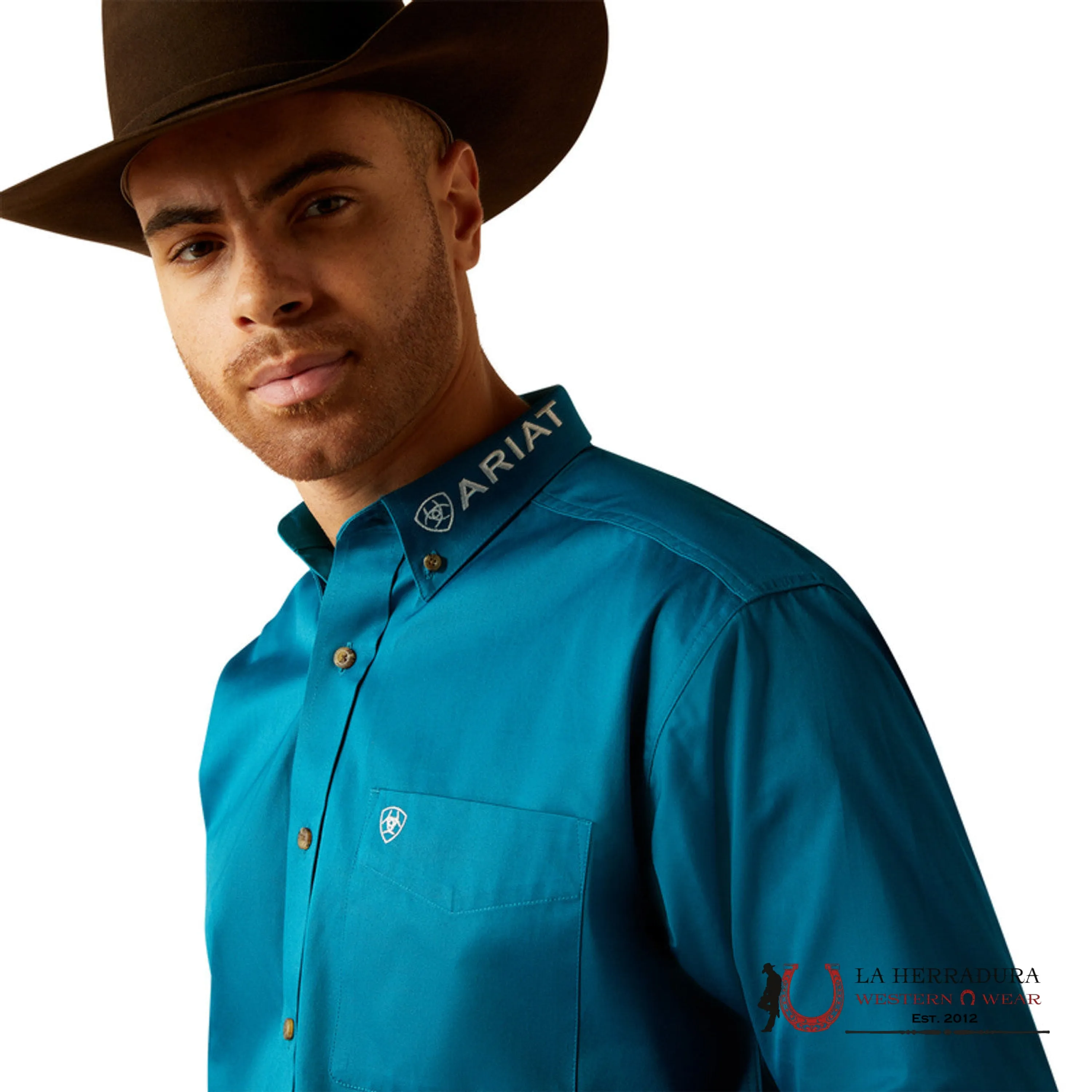 ARIAT MENS CLASIC TEAM LOGO DARK TEAL WHITE LONG SLEEVE SHIRT - 2825