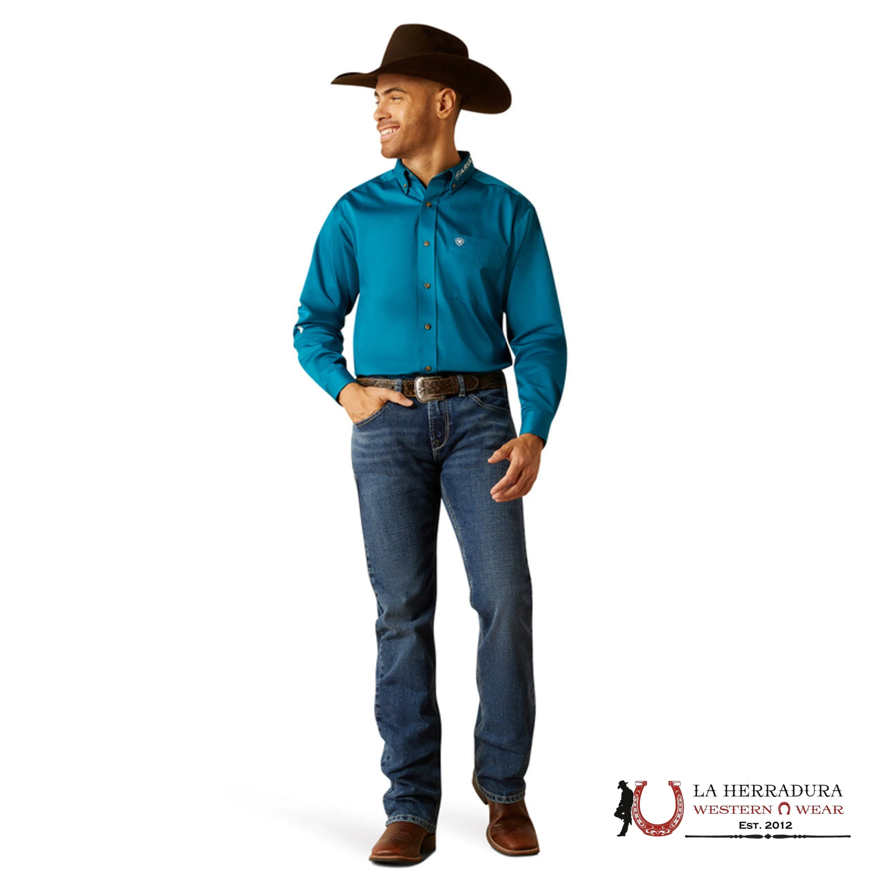 ARIAT MENS CLASIC TEAM LOGO DARK TEAL WHITE LONG SLEEVE SHIRT - 2825