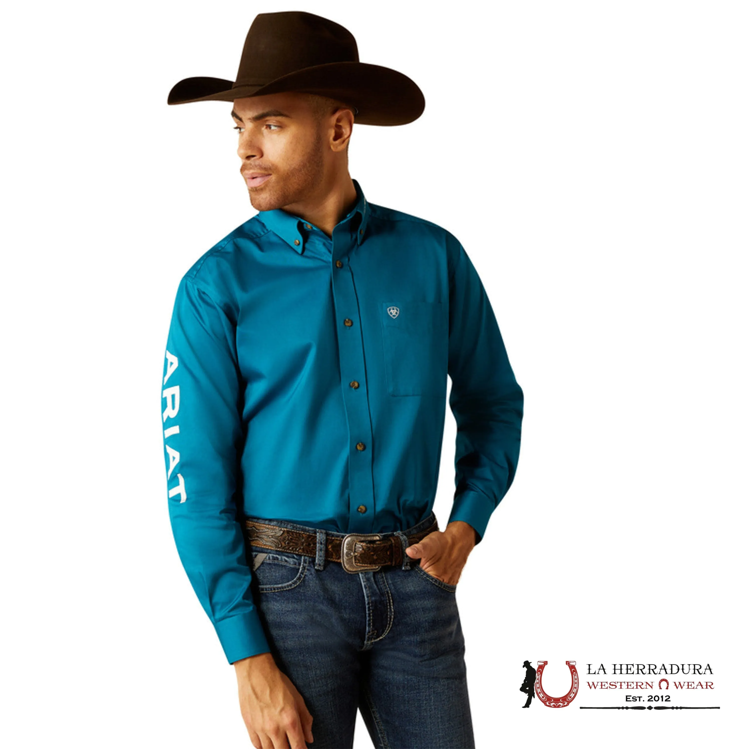ARIAT MENS CLASIC TEAM LOGO DARK TEAL WHITE LONG SLEEVE SHIRT - 2825