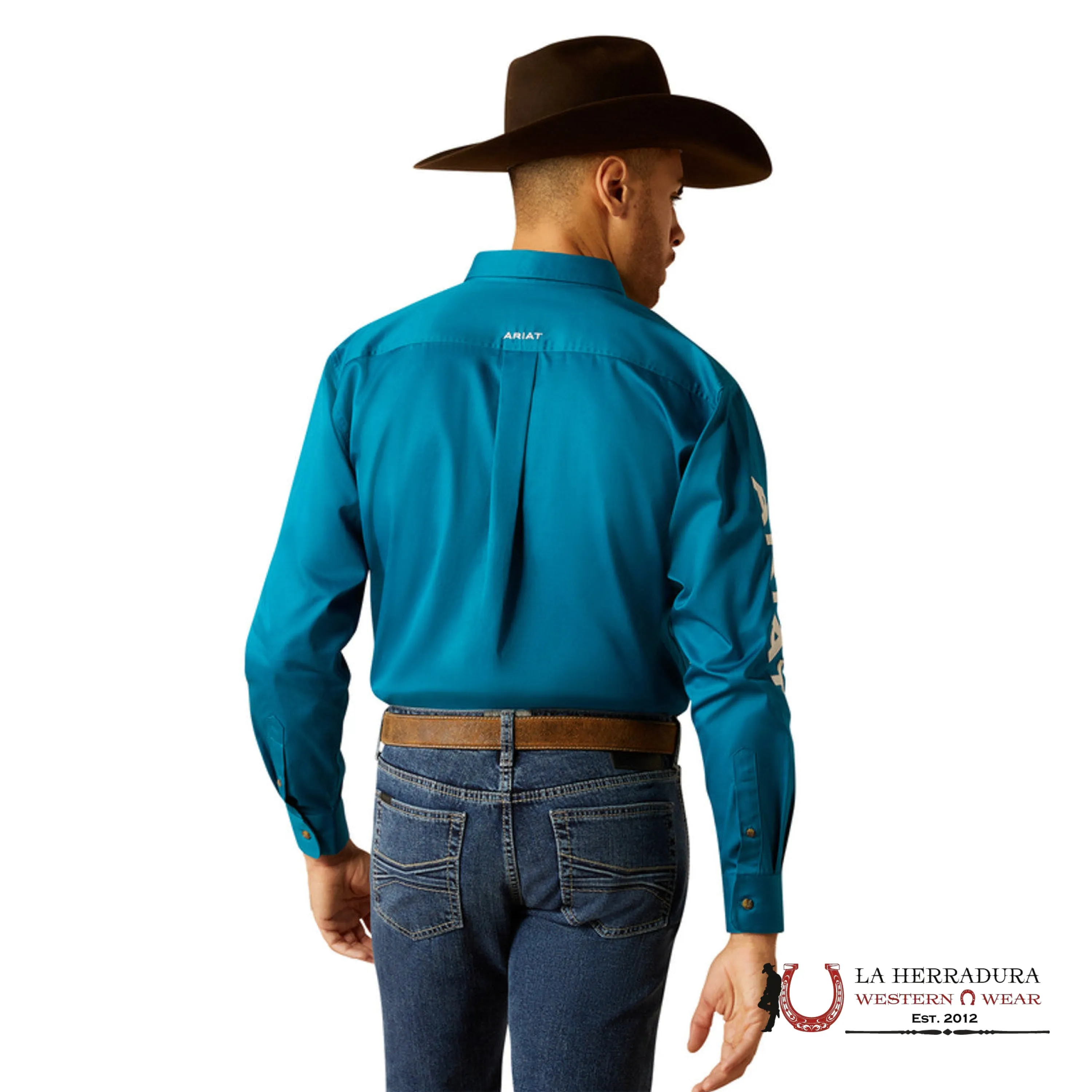 ARIAT MENS CLASIC TEAM LOGO DARK TEAL WHITE LONG SLEEVE SHIRT - 2825