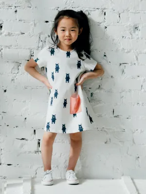Artie - Girls White French Terry Tunic Dress with Playful Bear Navy Pattern 9 to 12 months