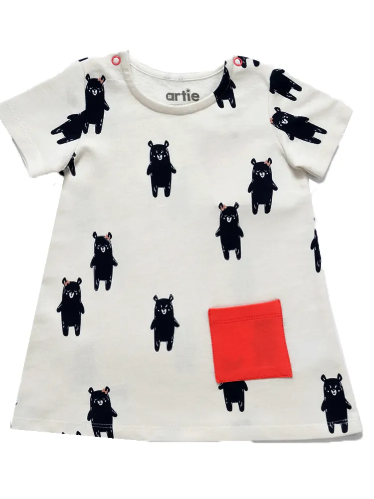 Artie - Girls White French Terry Tunic Dress with Playful Bear Navy Pattern 9 to 12 months