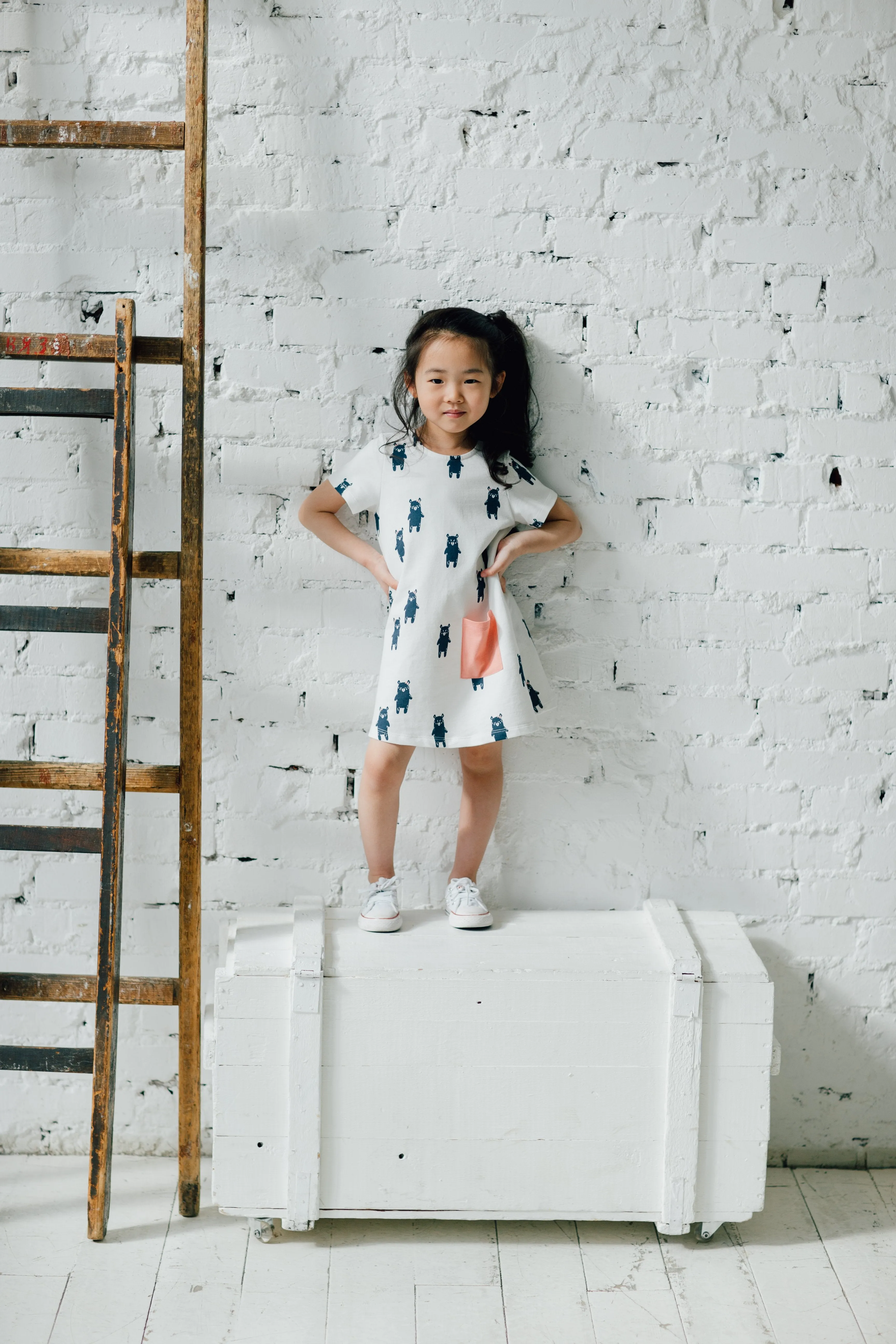 Artie - Girls White French Terry Tunic Dress with Playful Bear Navy Pattern 9 to 12 months