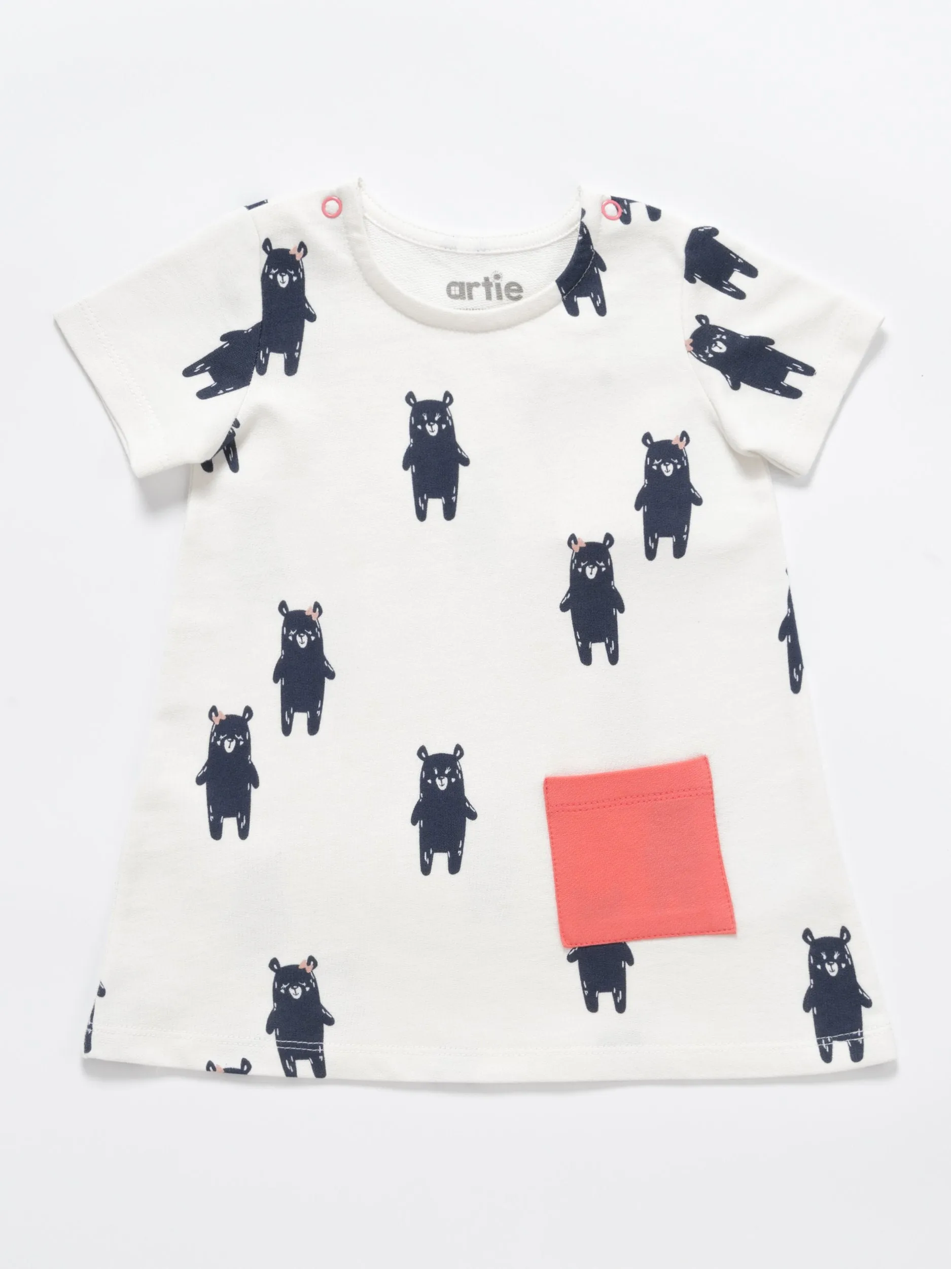 Artie - Girls White French Terry Tunic Dress with Playful Bear Navy Pattern 9 to 12 months