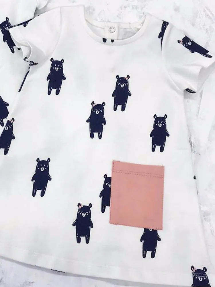 Artie - Girls White French Terry Tunic Dress with Playful Bear Navy Pattern 9 to 12 months