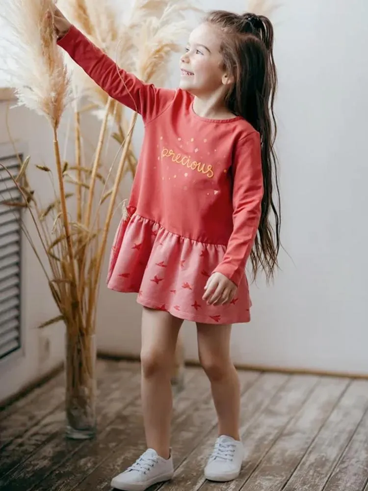 Artie - 'Precious' Blush Red Girls Dress with Flying Birds Pattern