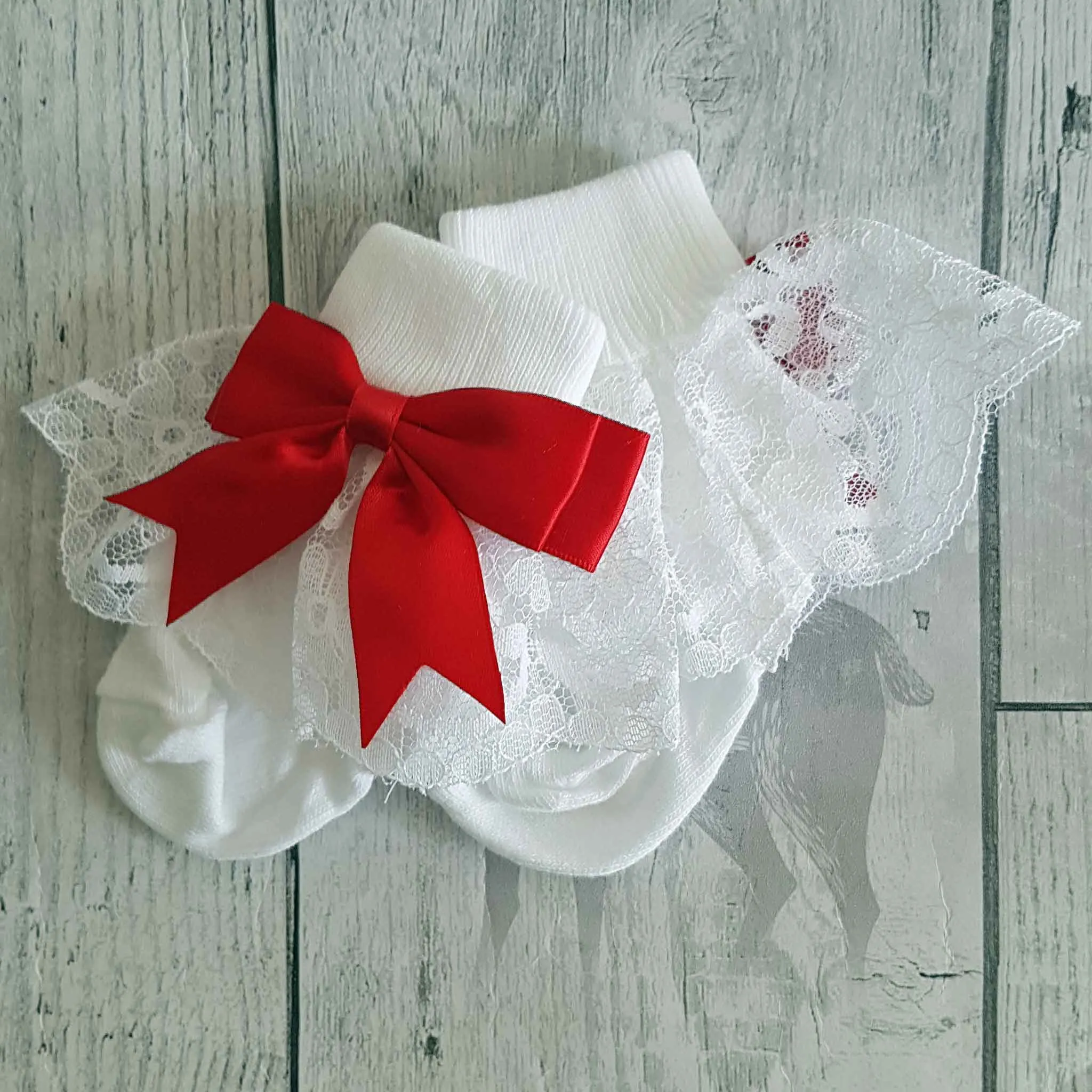 Baby Girl Fancy Lace Satin Red Bow White Ankle Socks
