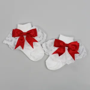 Baby Girl Fancy Lace Satin Red Bow White Ankle Socks