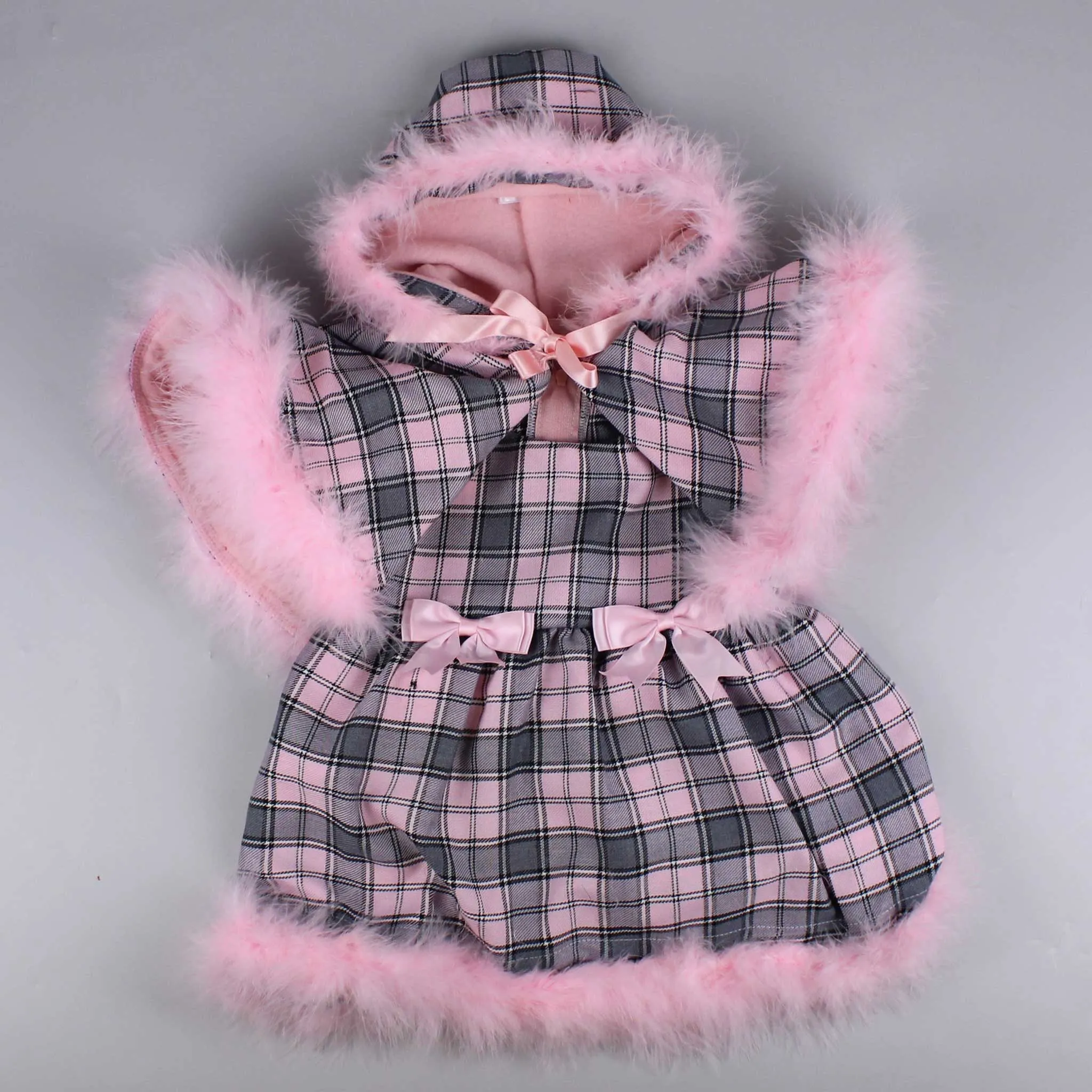 Baby Girls Pink Tartan Dress with Cape - Marabou Feather Trim