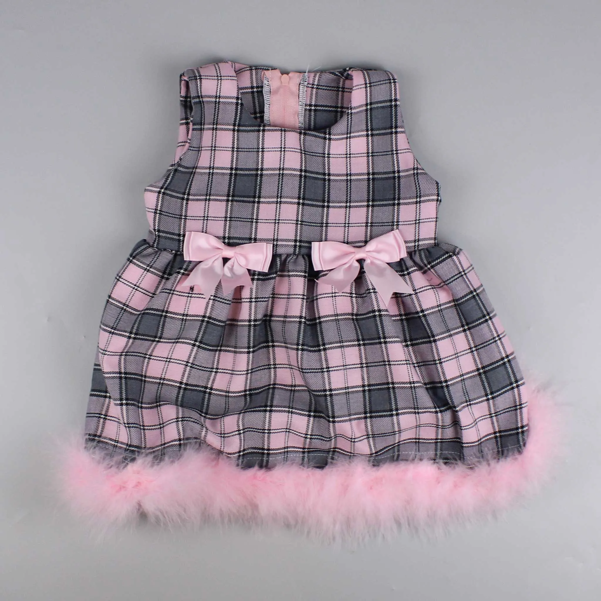 Baby Girls Pink Tartan Dress with Cape - Marabou Feather Trim