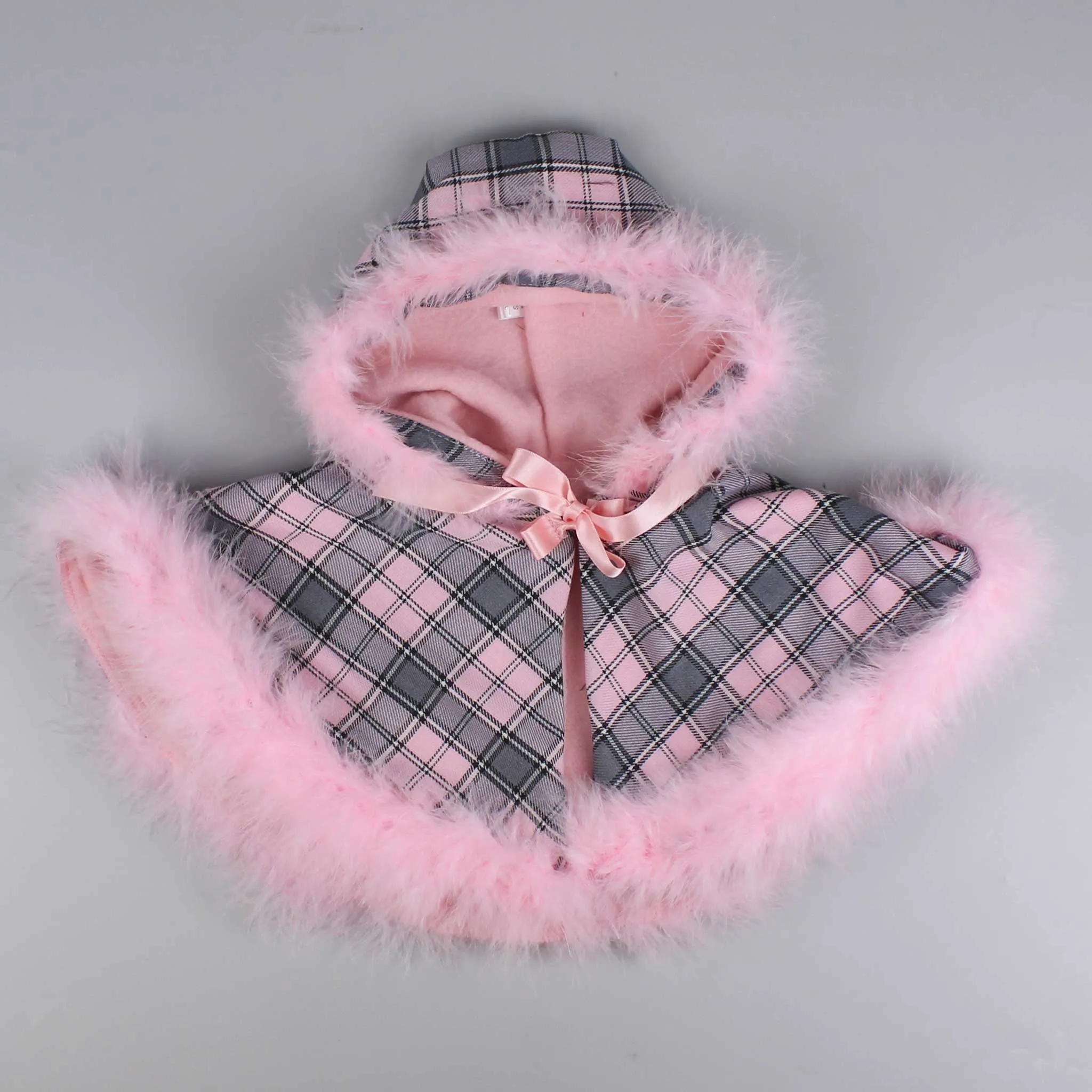 Baby Girls Pink Tartan Dress with Cape - Marabou Feather Trim