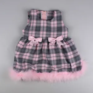 Baby Girls Pink Tartan Dress with Maribou Feather Trim