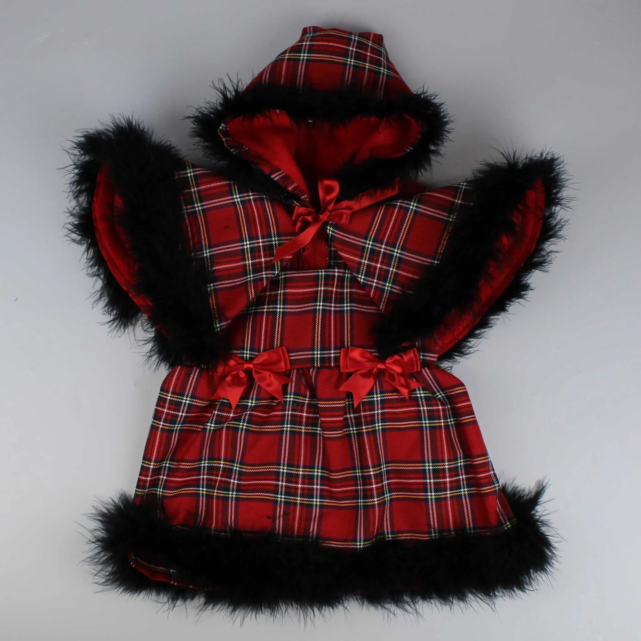 Baby Girls Red Tartan Dress with Cape - Marabou Feather Trim