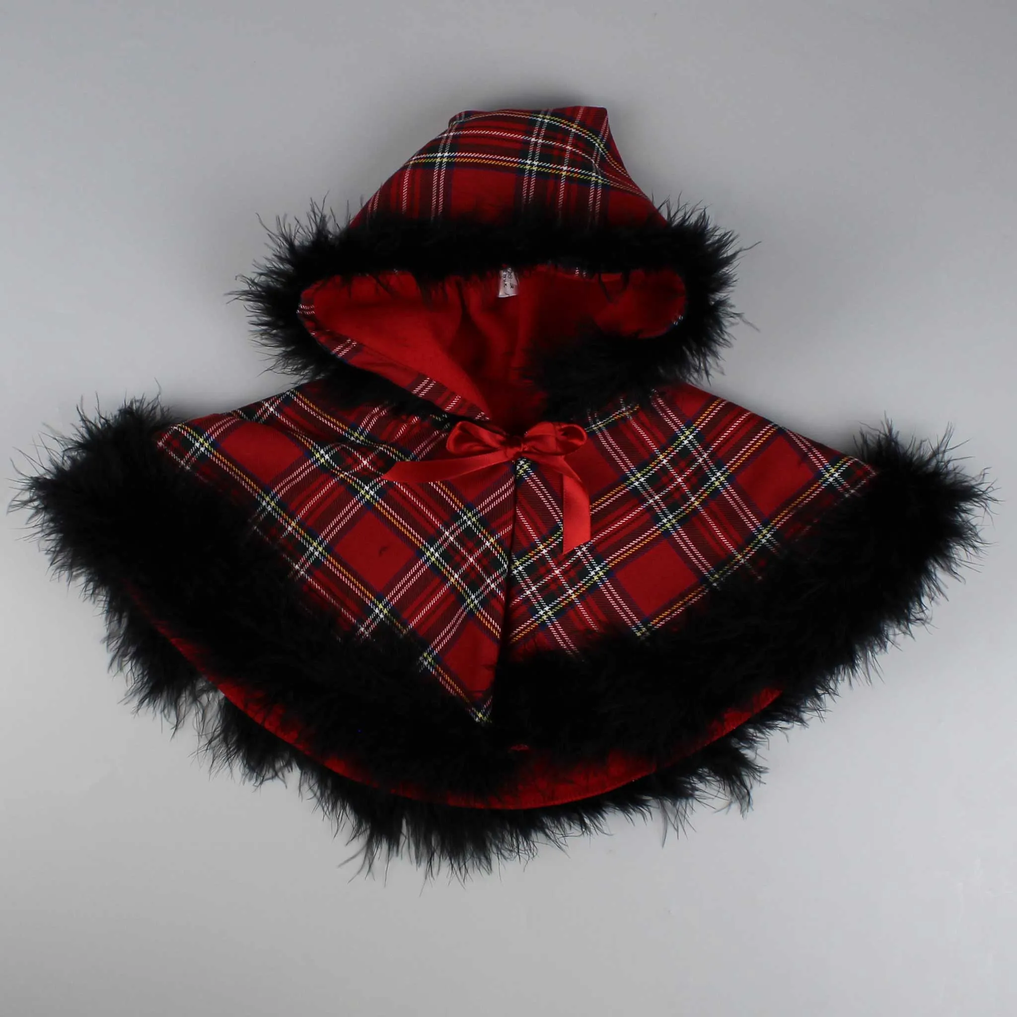 Baby Girls Red Tartan Dress with Cape - Marabou Feather Trim