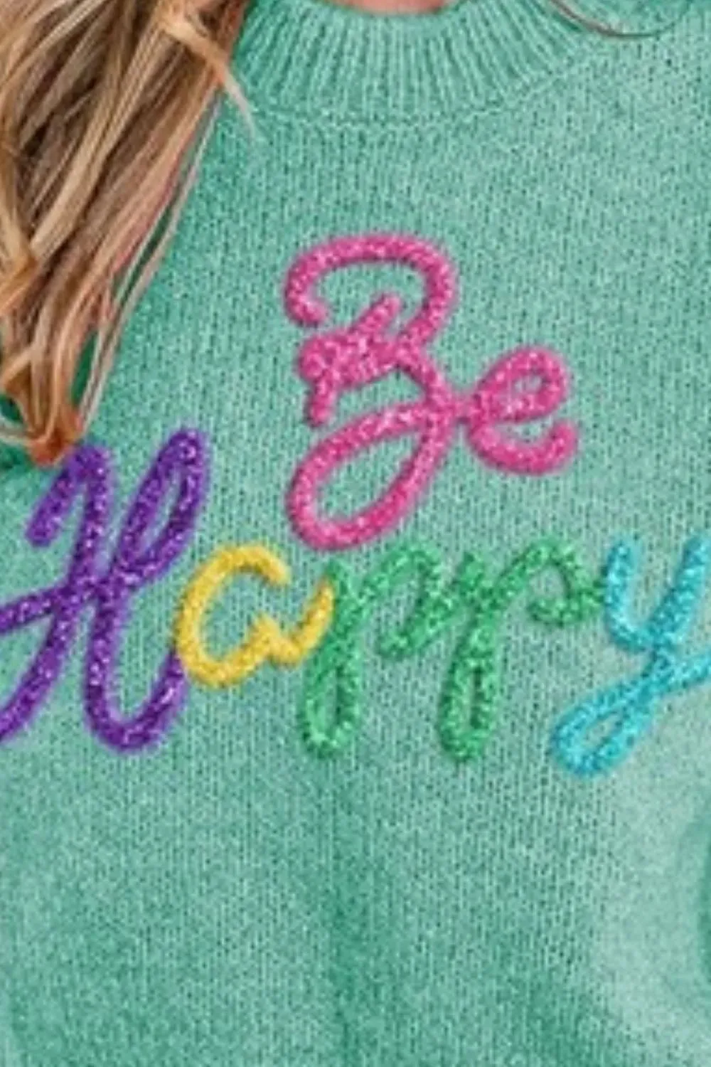 BiBi Metallic Letter Short Puff Sleeve Hairy Sweater