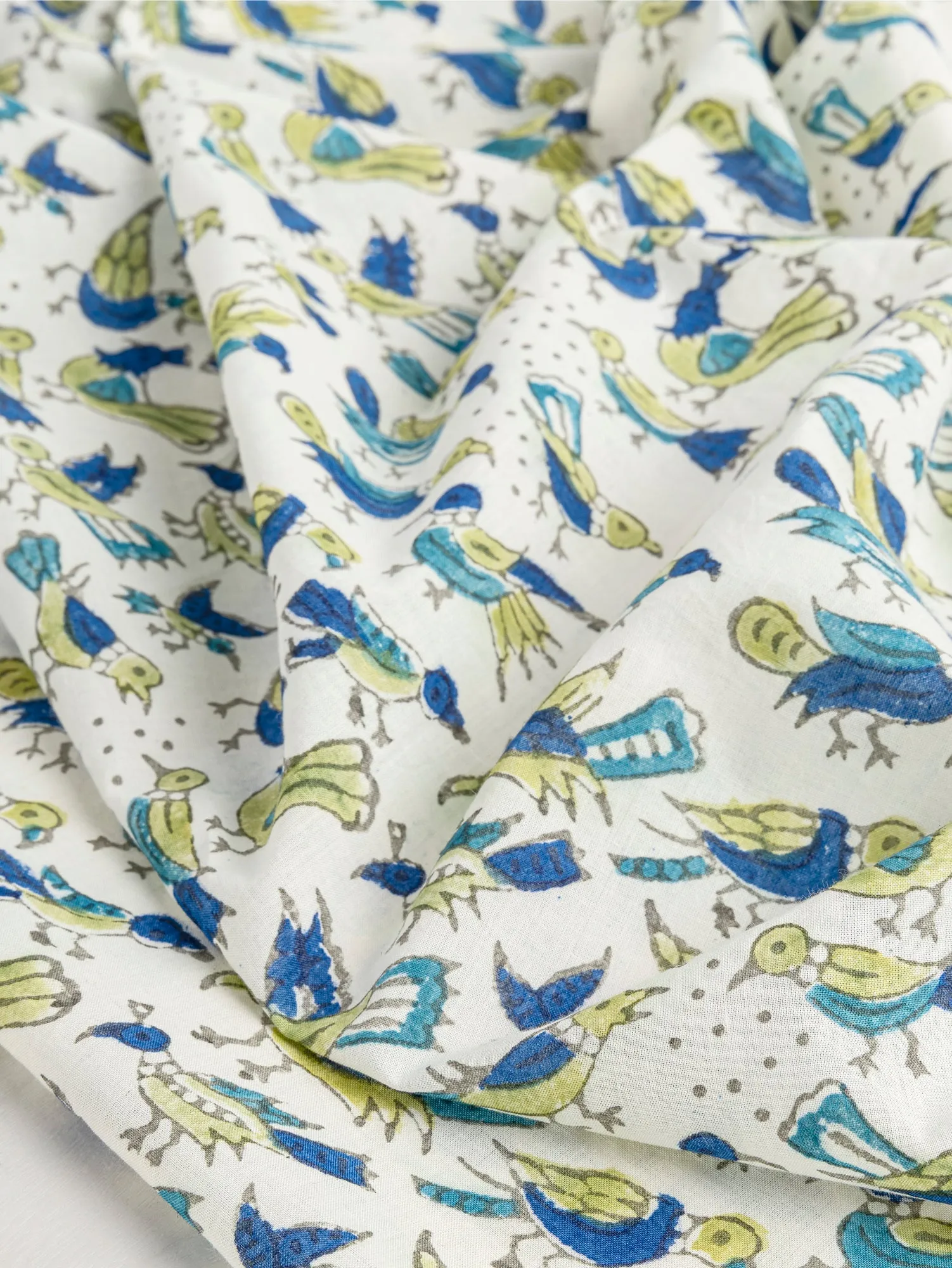 Bird Block Print Organic Cotton Voile - Blue   Green   Off White