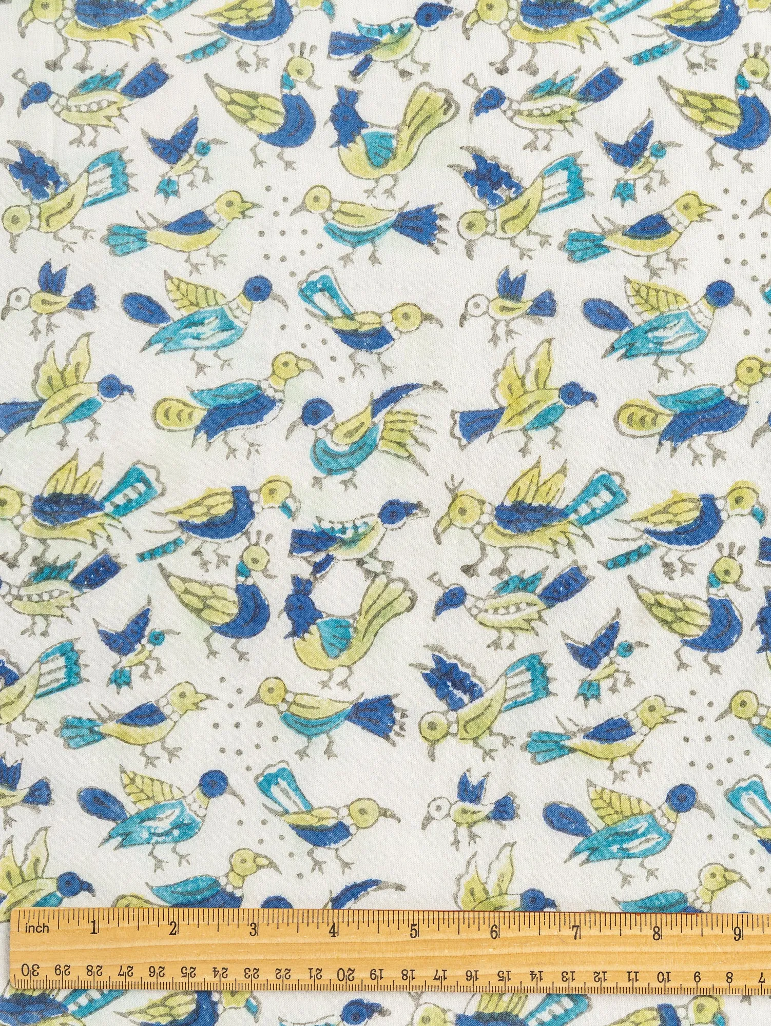 Bird Block Print Organic Cotton Voile - Blue   Green   Off White