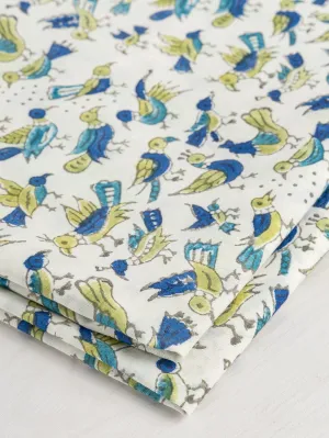 Bird Block Print Organic Cotton Voile - Blue   Green   Off White