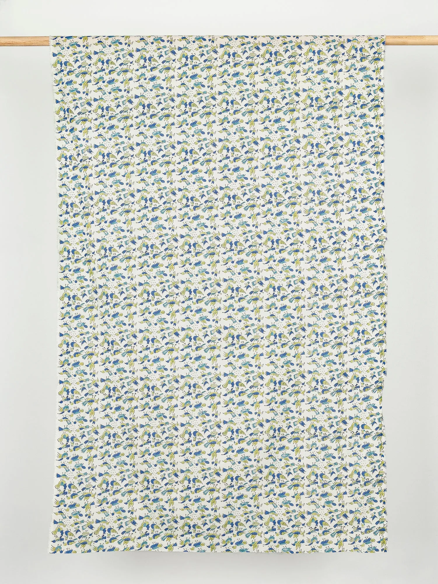 Bird Block Print Organic Cotton Voile - Blue   Green   Off White