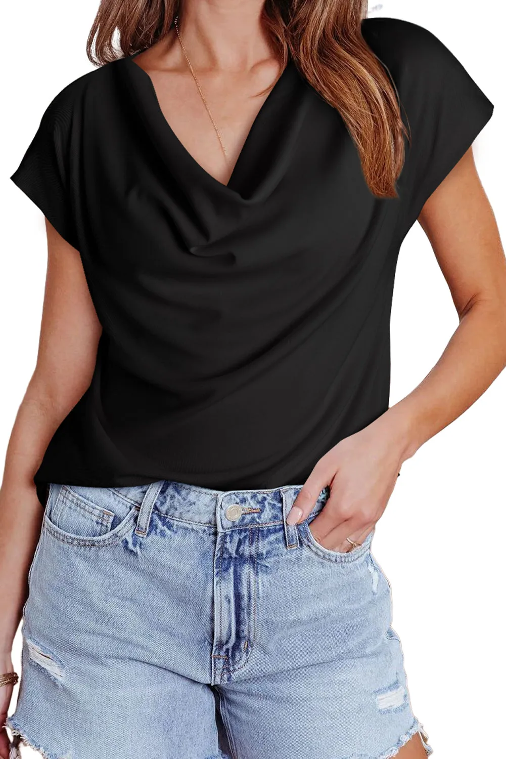 Black Cowl Neck Bat Sleeve T Shirt