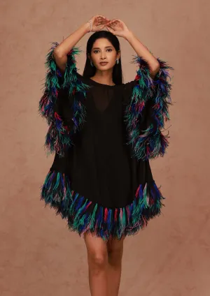 Black Kaftan Mini Dress with Feathers