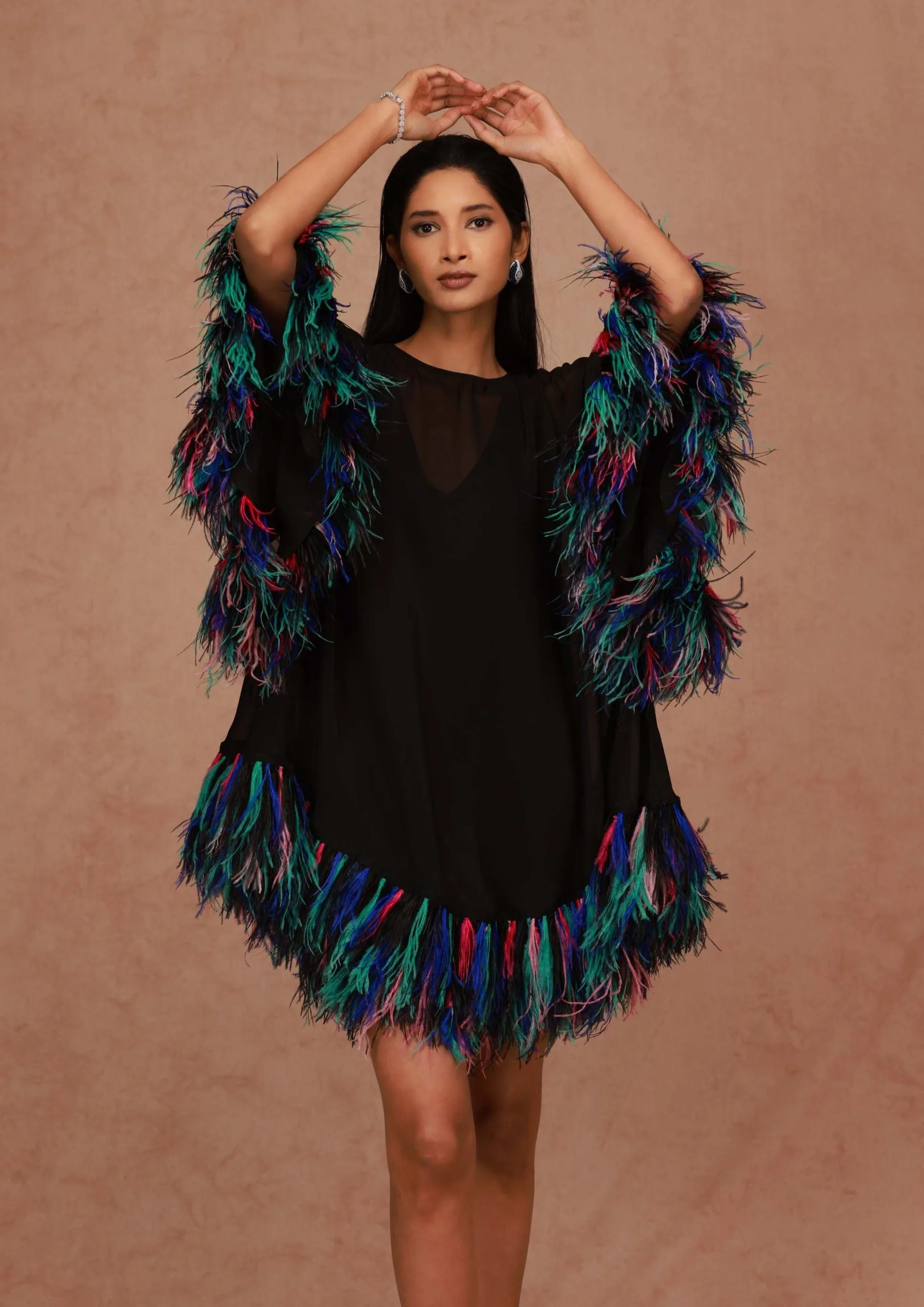 Black Kaftan Mini Dress with Feathers