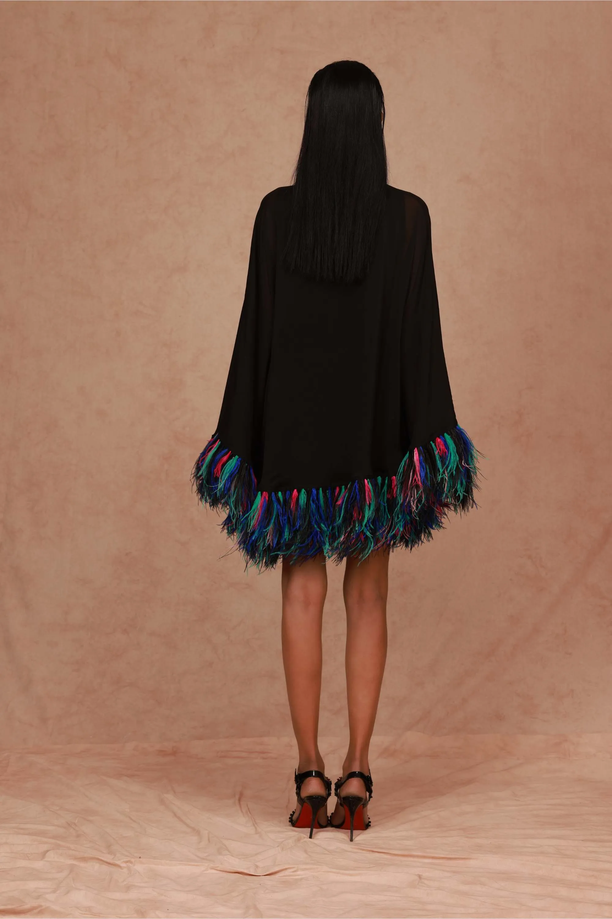 Black Kaftan Mini Dress with Feathers