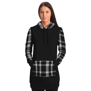 Black Longline Hoodie Dress With Black and White Plaid Contrast Sleeves, Pocket and Hood