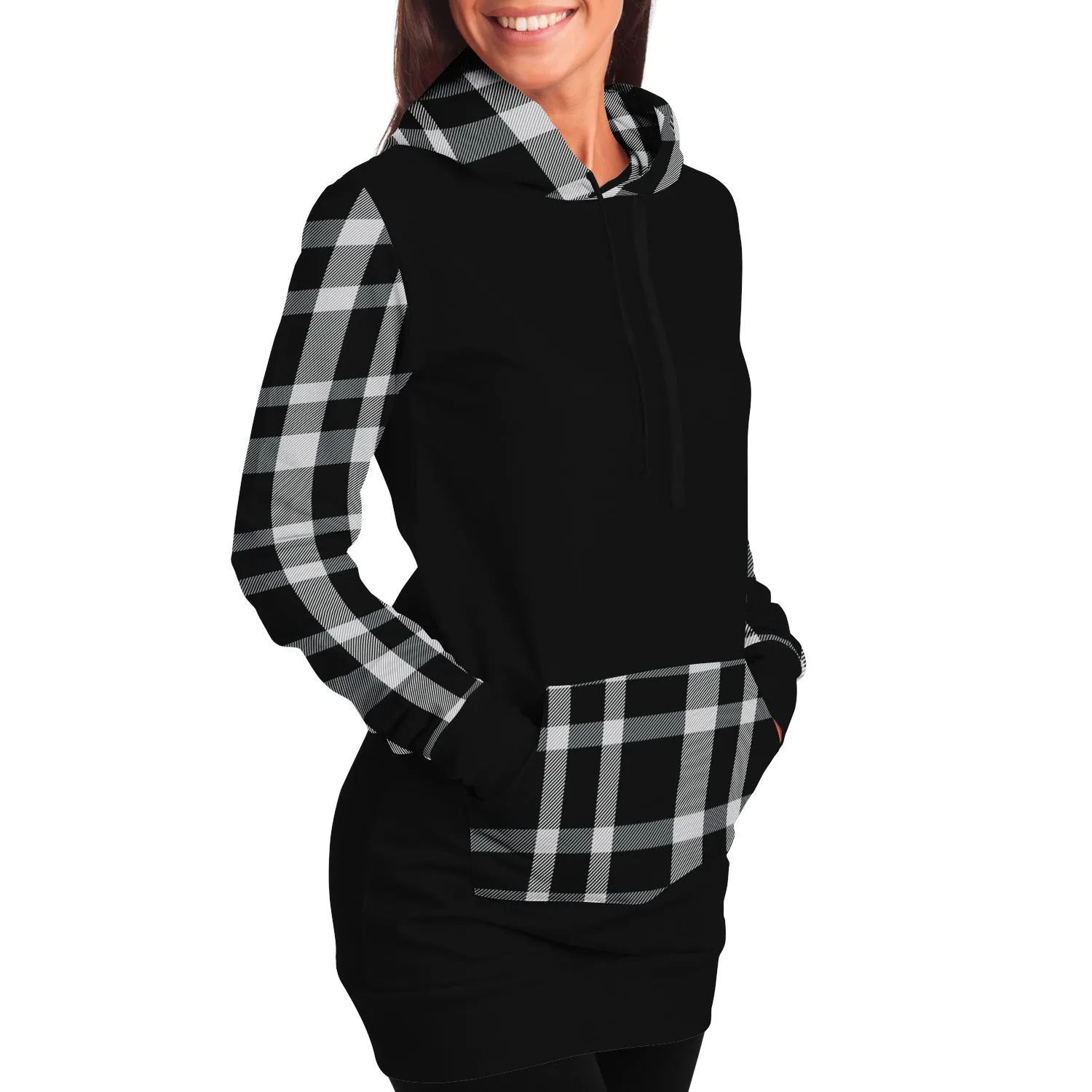 Black Longline Hoodie Dress With Black and White Plaid Contrast Sleeves, Pocket and Hood