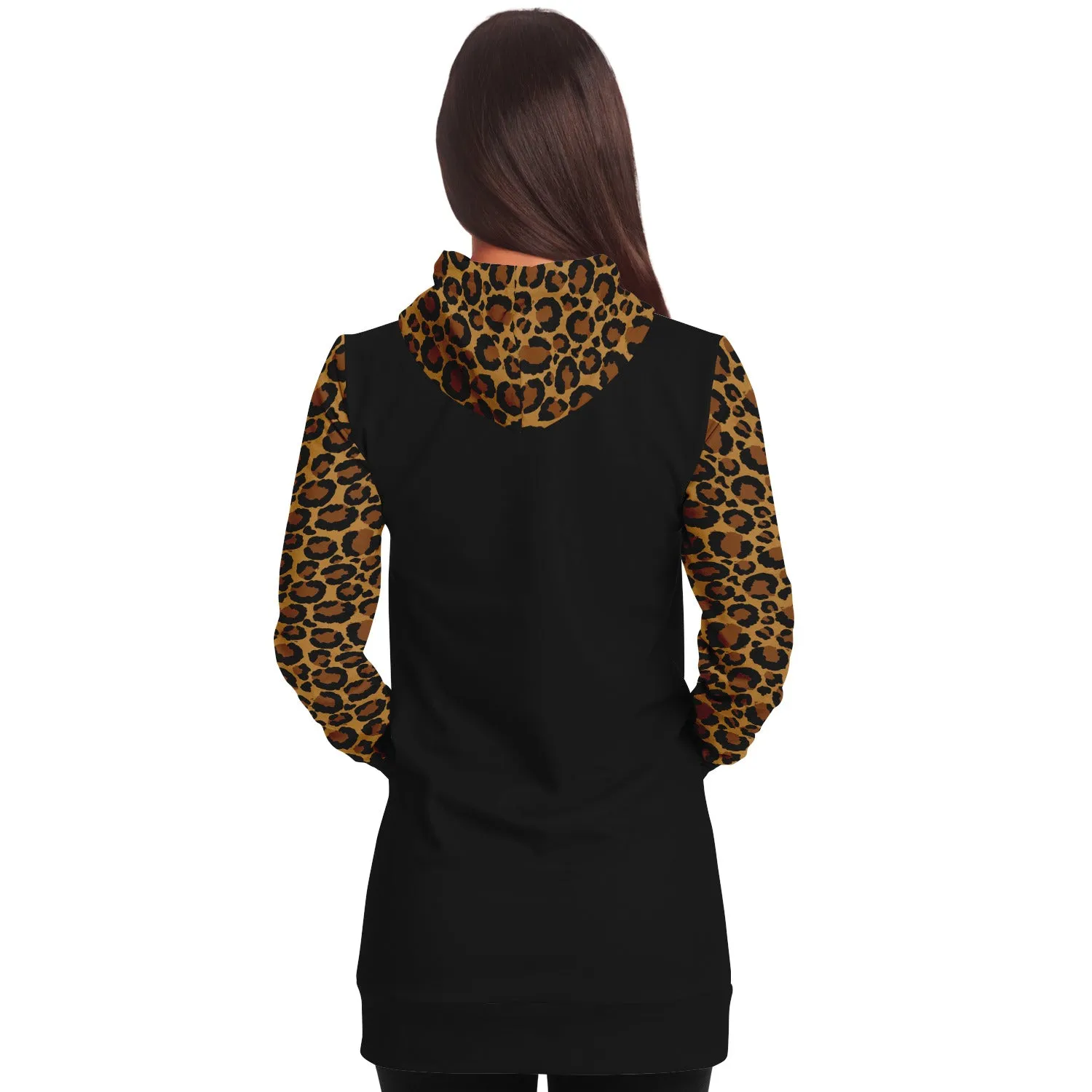 Black Longline Hoodie Dress With Leopard Print Contrast Sleeves, Pocket and Hood