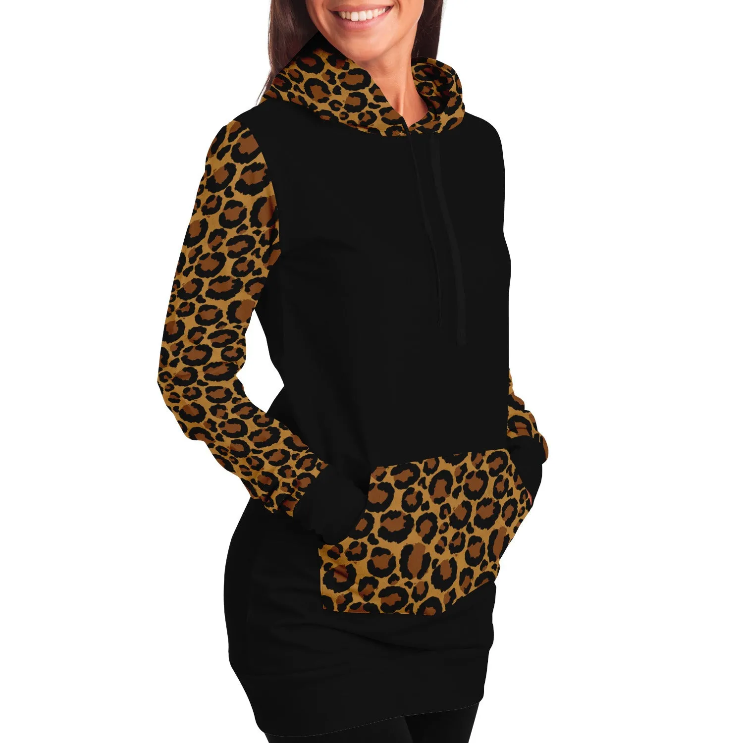 Black Longline Hoodie Dress With Leopard Print Contrast Sleeves, Pocket and Hood