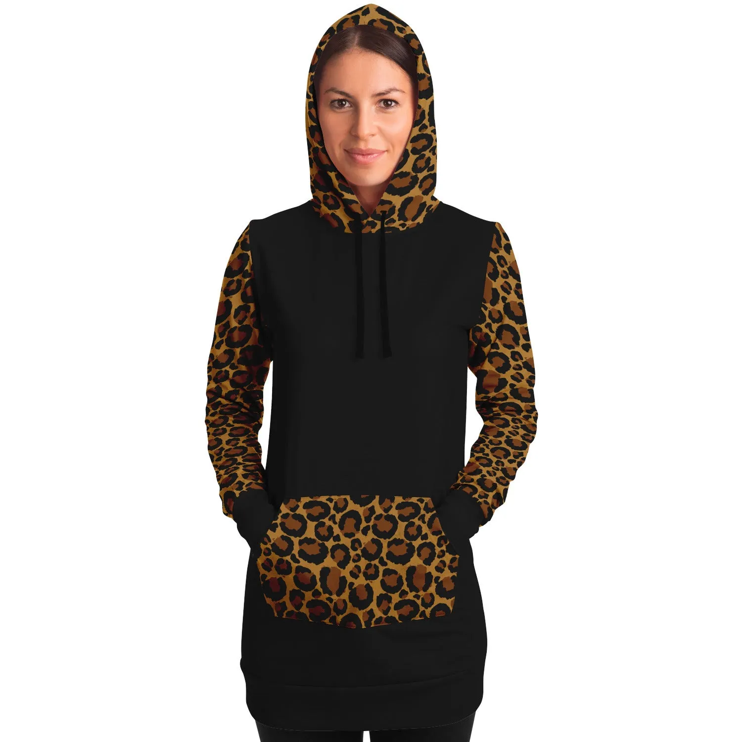 Black Longline Hoodie Dress With Leopard Print Contrast Sleeves, Pocket and Hood